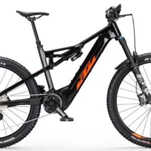 KTM MACINA KAPOHO MASTER 43 cm '23 black electric mountain bike riding on a steep trail in Europe