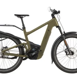 The 2025 Riese & Müller Delite5 GT Pinion HS electric bike in Amber, featuring the revolutionary Pinion MGU (Motor Gearbox Unit), full suspension, Gates Carbon Belt Drive, 800Wh battery, and GX off-road package for high-speed European commuting and trekking.