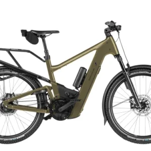 The 2026 Riese & Müller Delite5 GT Rohloff HS electric bike in Amber, featuring full suspension, Bosch ABS, Rohloff E-14 electronic shifting, a 1050Wh dual-battery system, and an off-road kit with a luggage rack for premium European trekking.